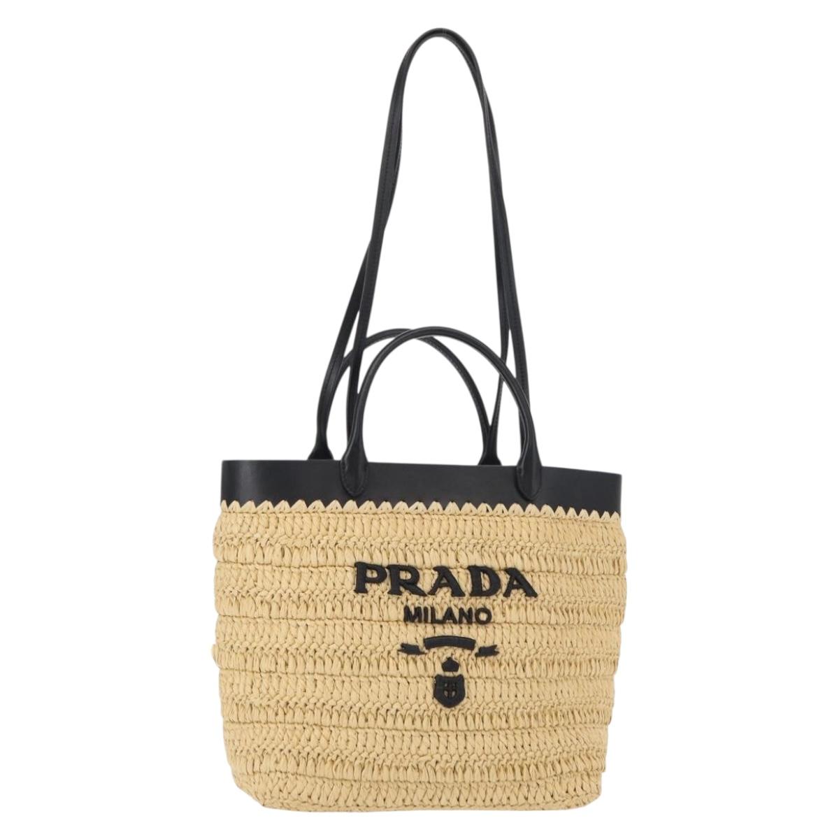 PRADA Hand Bag Straw Leather 2way Beige Black Auth ka156V