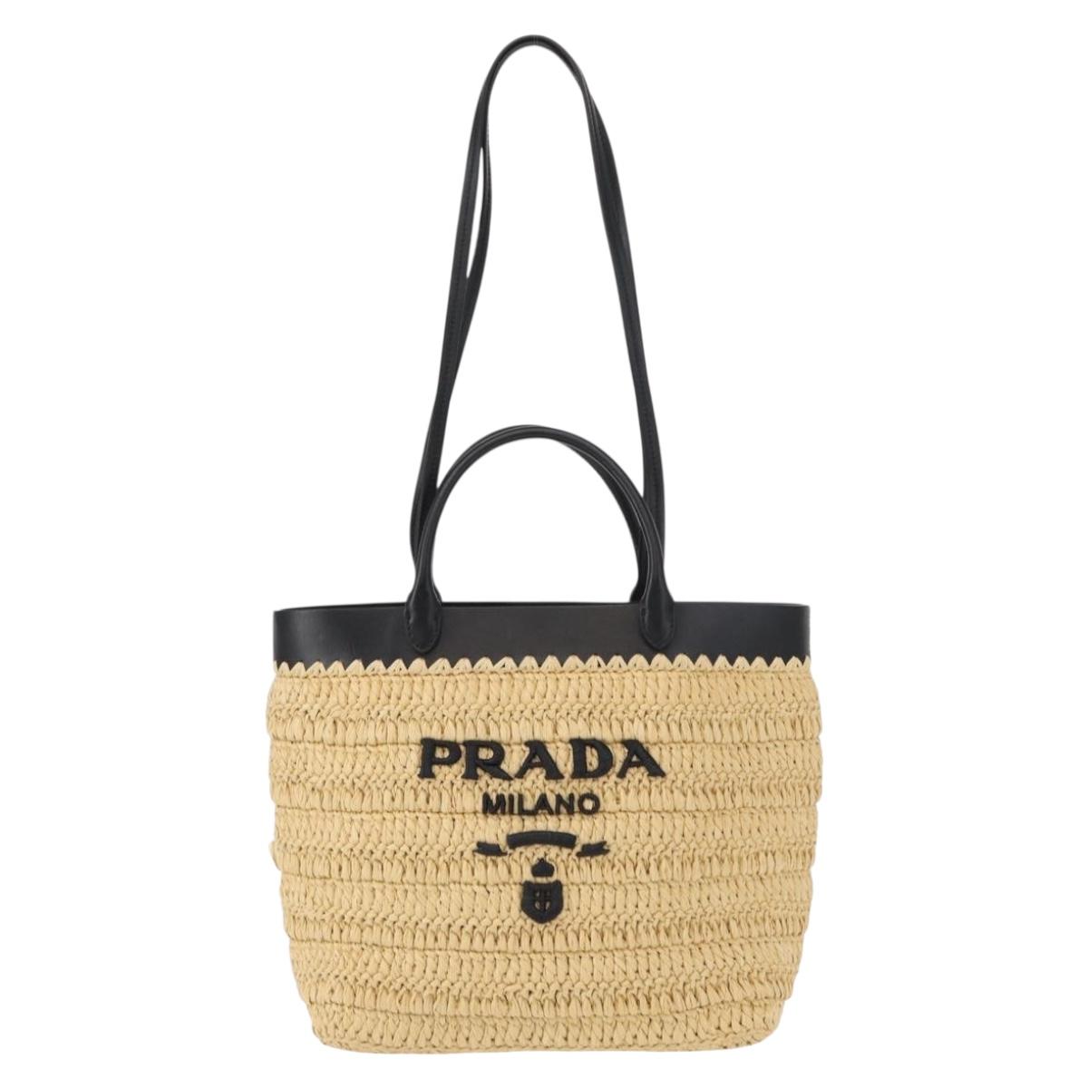 PRADA Hand Bag Straw Leather 2way Beige Black Auth ka156AV