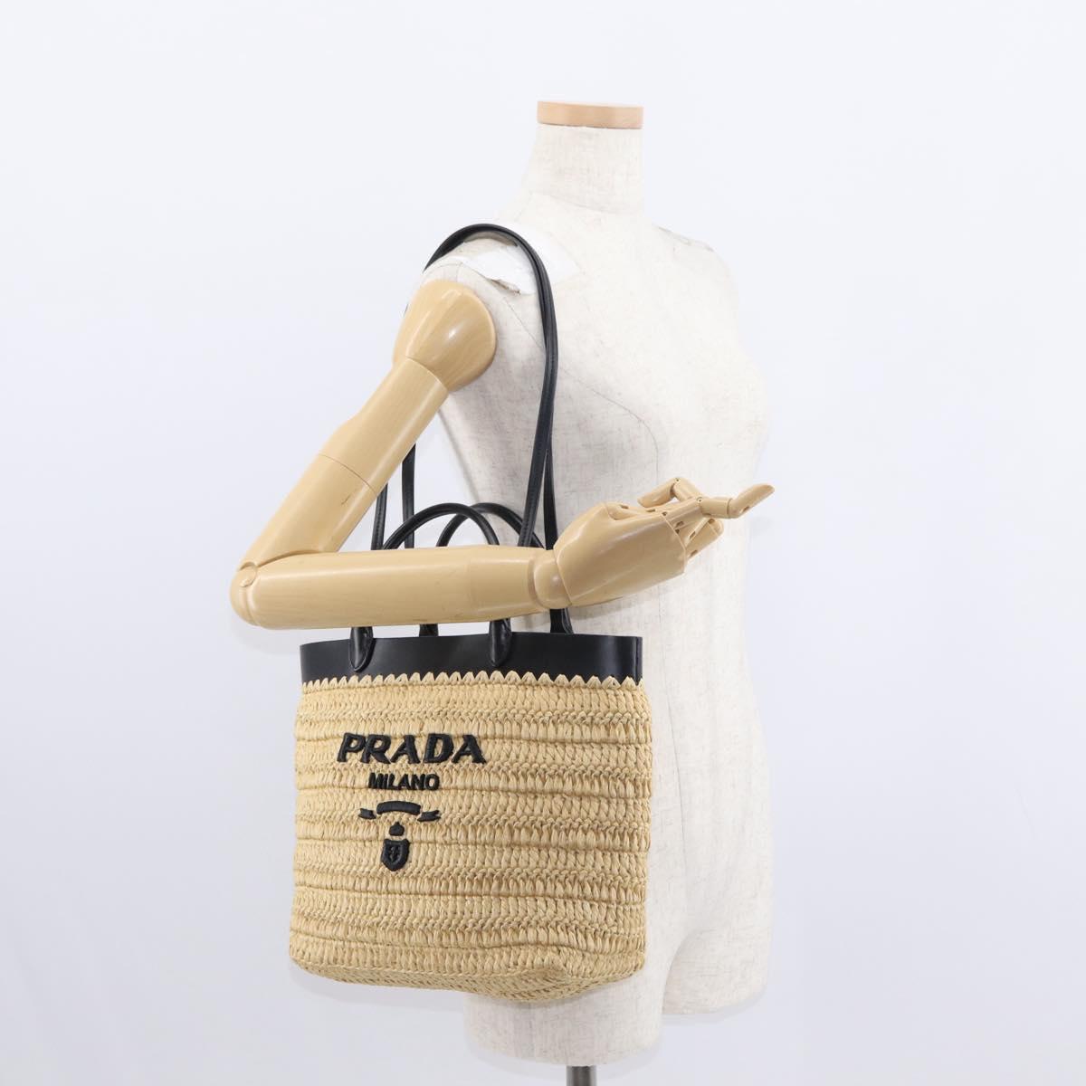 PRADA Hand Bag Straw Leather 2way Beige Black Auth ka156AV