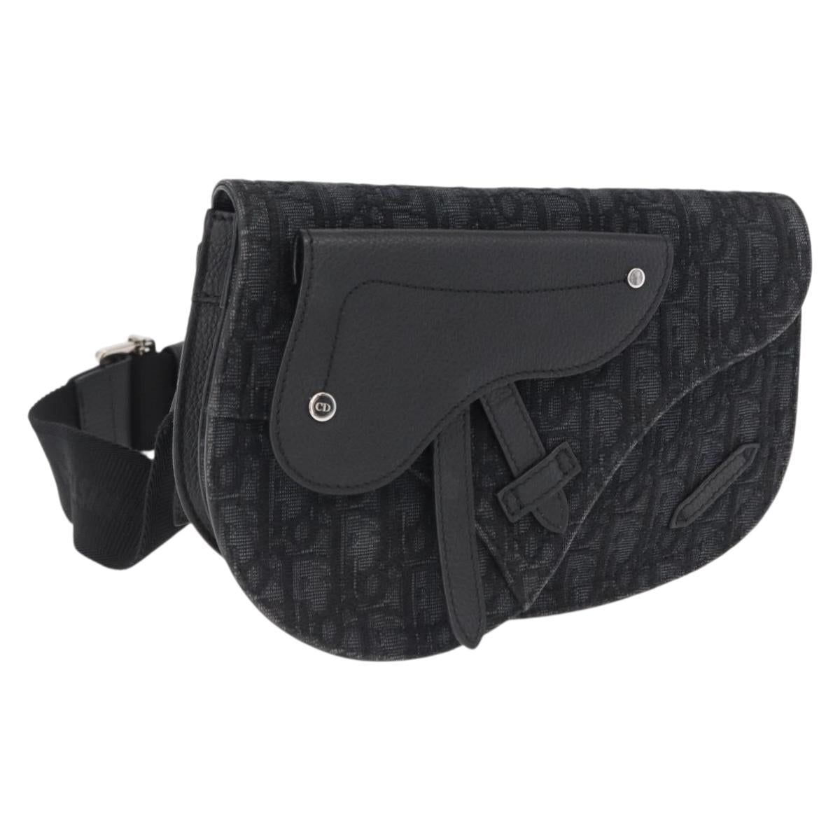 Christian Dior Oblique Trotter Canvas Saddle bag Bag Black Silver Auth ka1589M