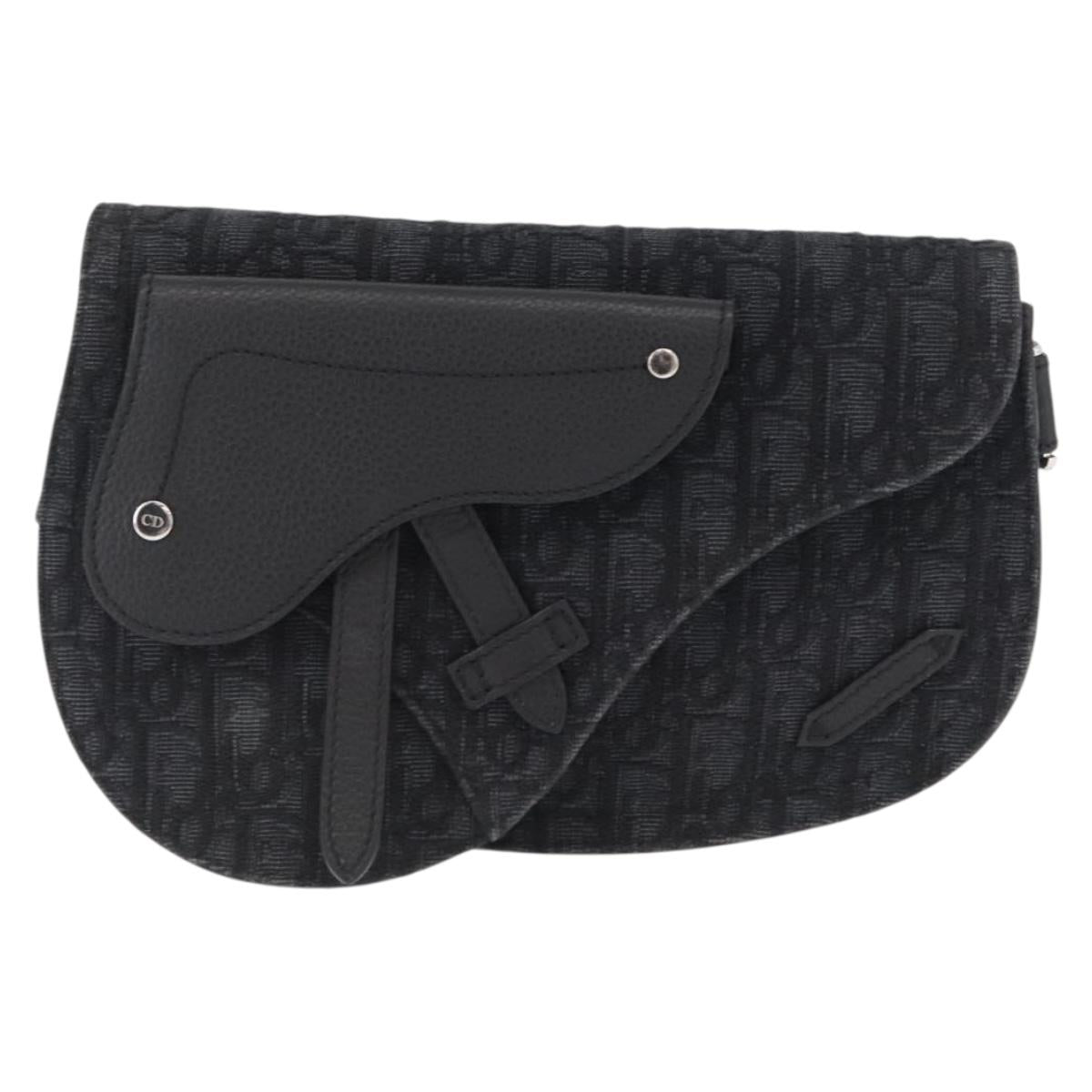 Christian Dior Oblique Trotter Canvas Saddle bag Bag Black Silver Auth ka1589M