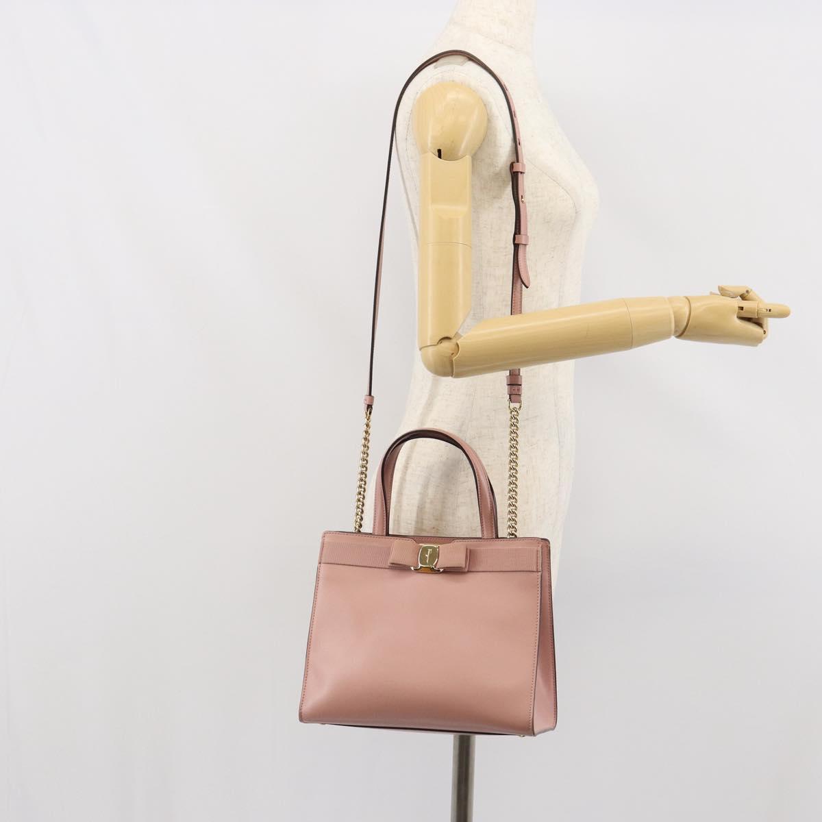 Salvatore Ferragamo Vala Hand Bag Leather 2way Pink Gold Auth ka1614