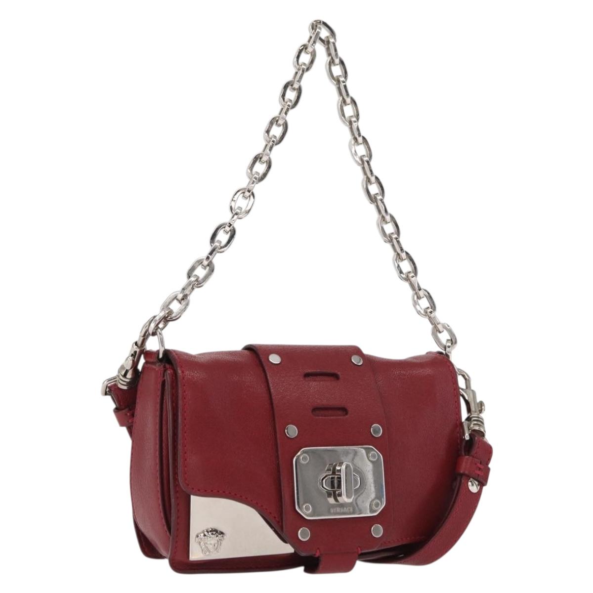 VERSACE Shoulder Bag Leather Red Silver Auth ka1616
