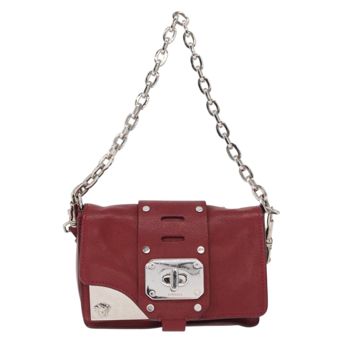 VERSACE Shoulder Bag Leather Red Silver Auth ka1616
