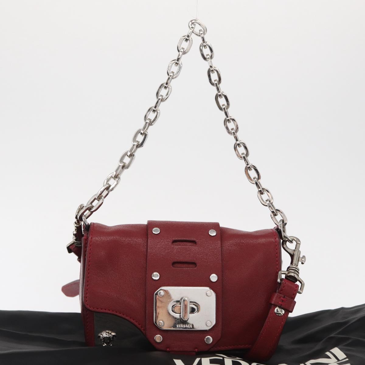 VERSACE Shoulder Bag Leather Red Silver Auth ka1616
