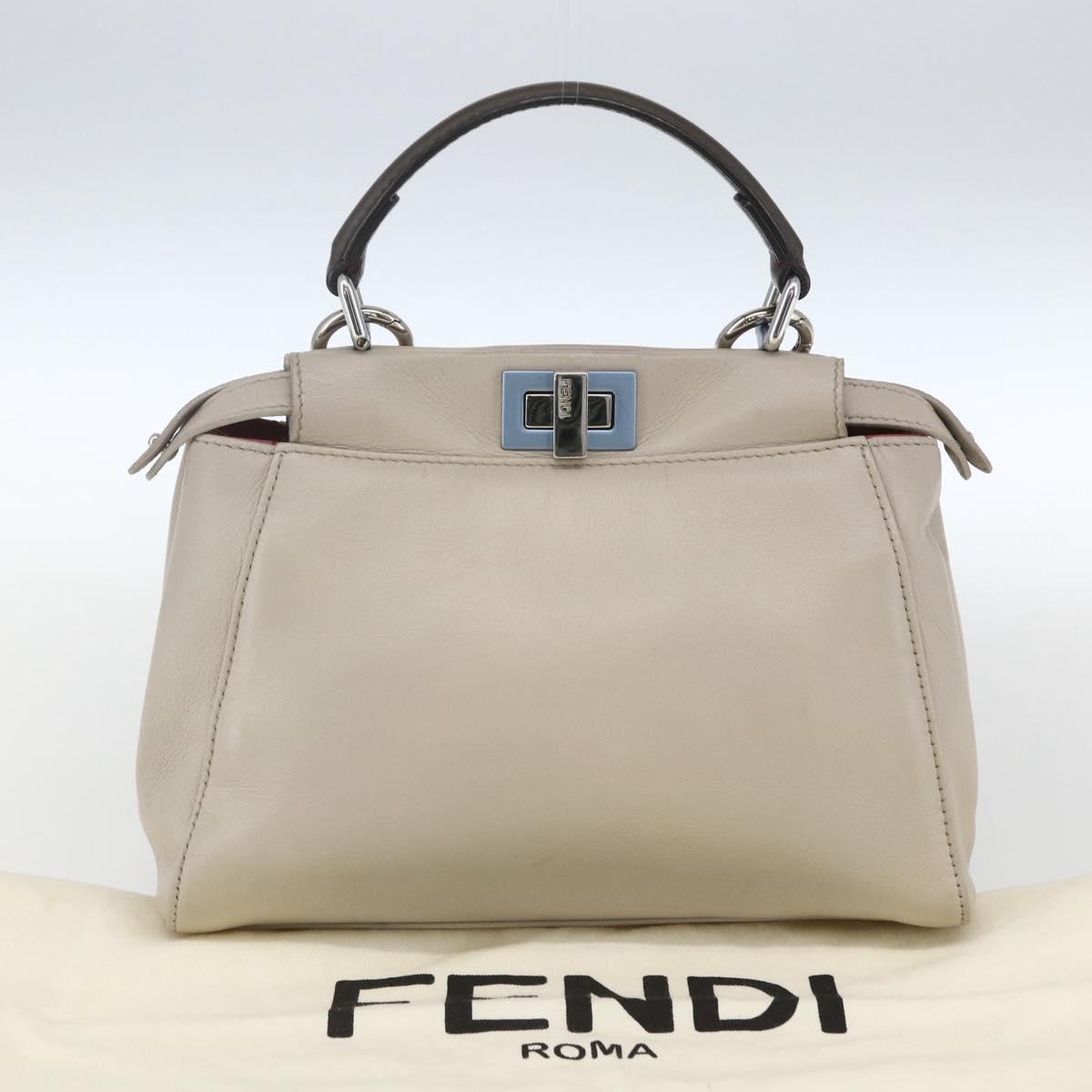 FENDI Mini Peek A Boo Hand Bag Leather 2way Beige Silver Auth ka1617M