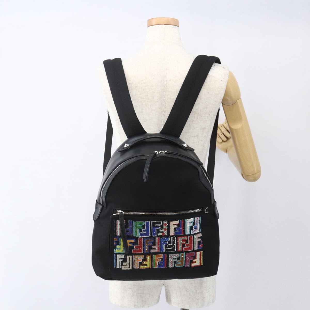 FENDI Sequin Backpack Nylon Black Silver Auth ka1621M