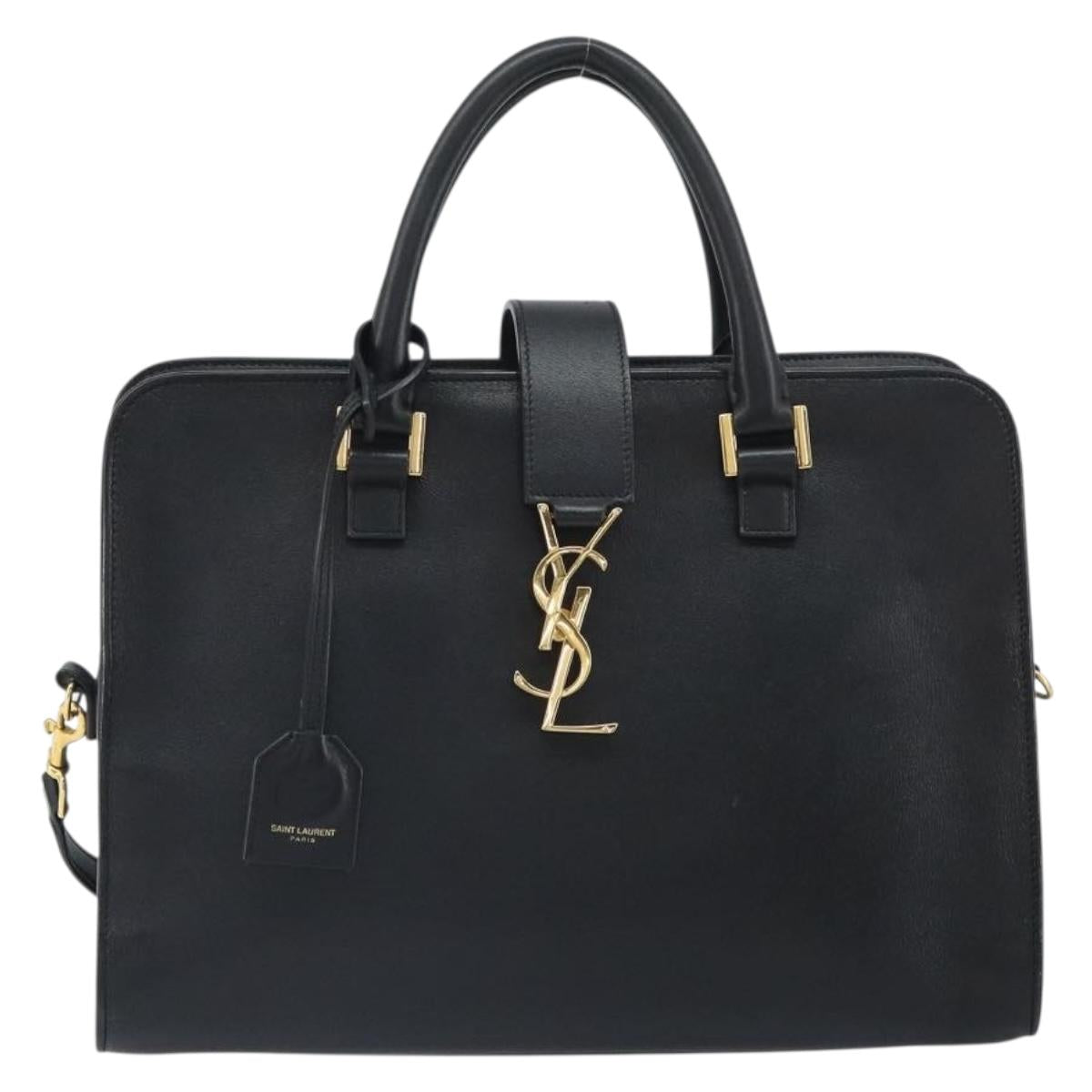 SAINT LAURENT Cabas Hand Bag Leather 2way Black Gold Auth ka1623M