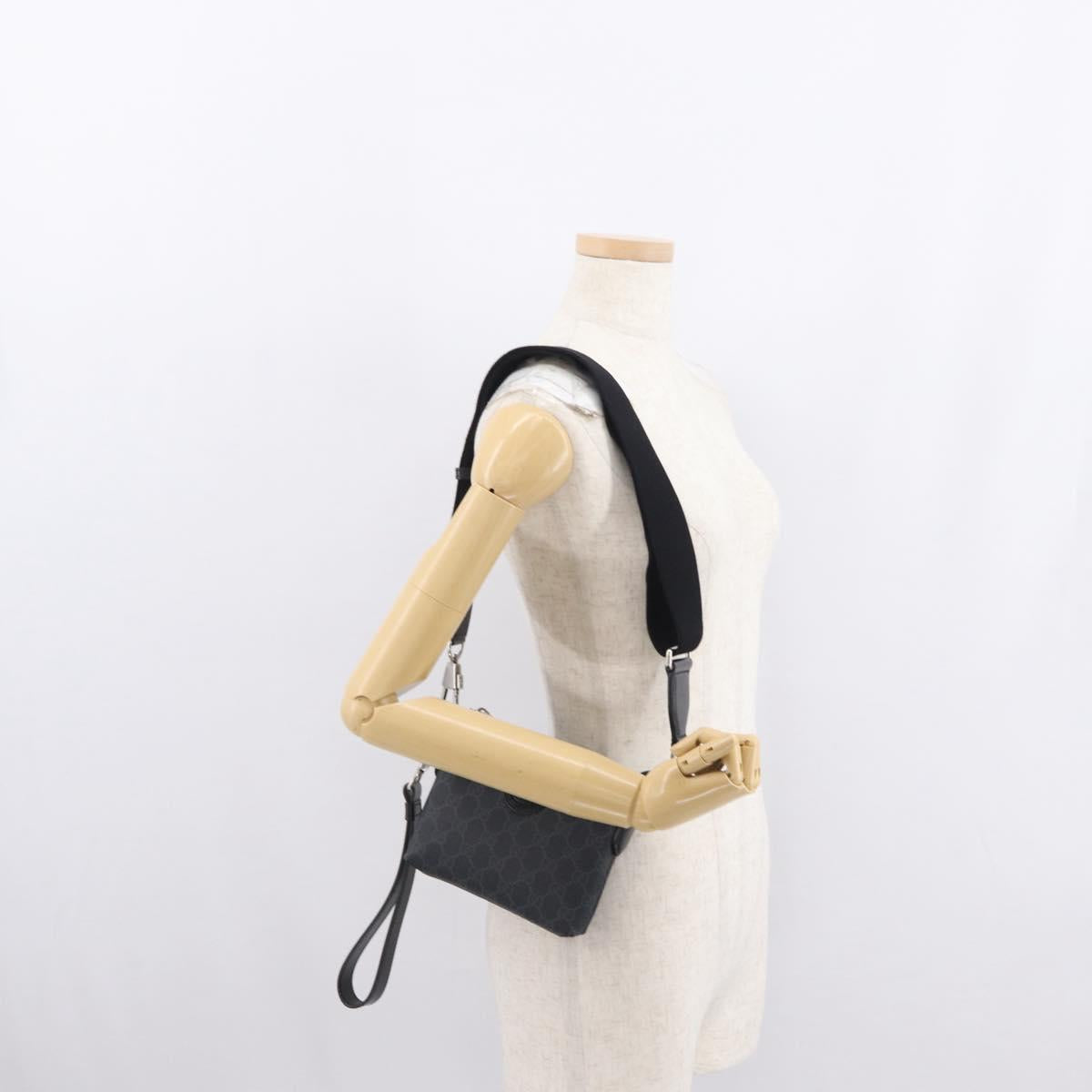 GUCCI GG Supreme Shoulder Bag PVC Black Silver 723306 Auth ka1628M