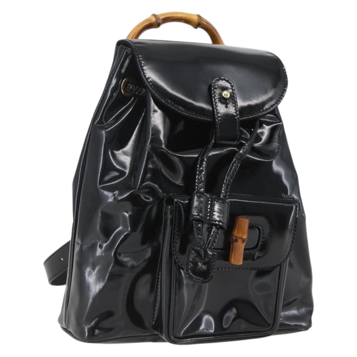 GUCCI Bamboo Backpack Patent leather Black Gold 003 1705 0030 Auth ka1659