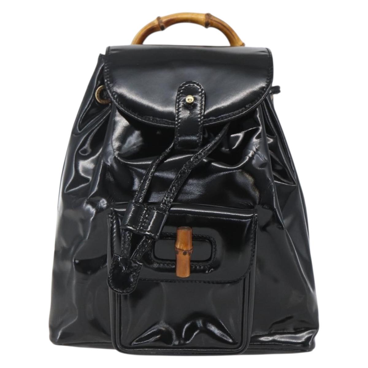 GUCCI Bamboo Backpack Patent leather Black Gold 003 1705 0030 Auth ka1659