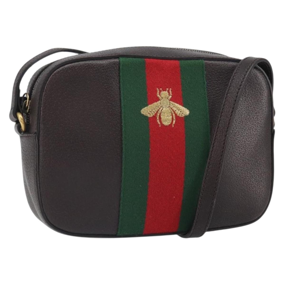 GUCCI Web Sherry Line Bee Bag Leather Dark Brown Gold Red 412008 Auth ka1667V