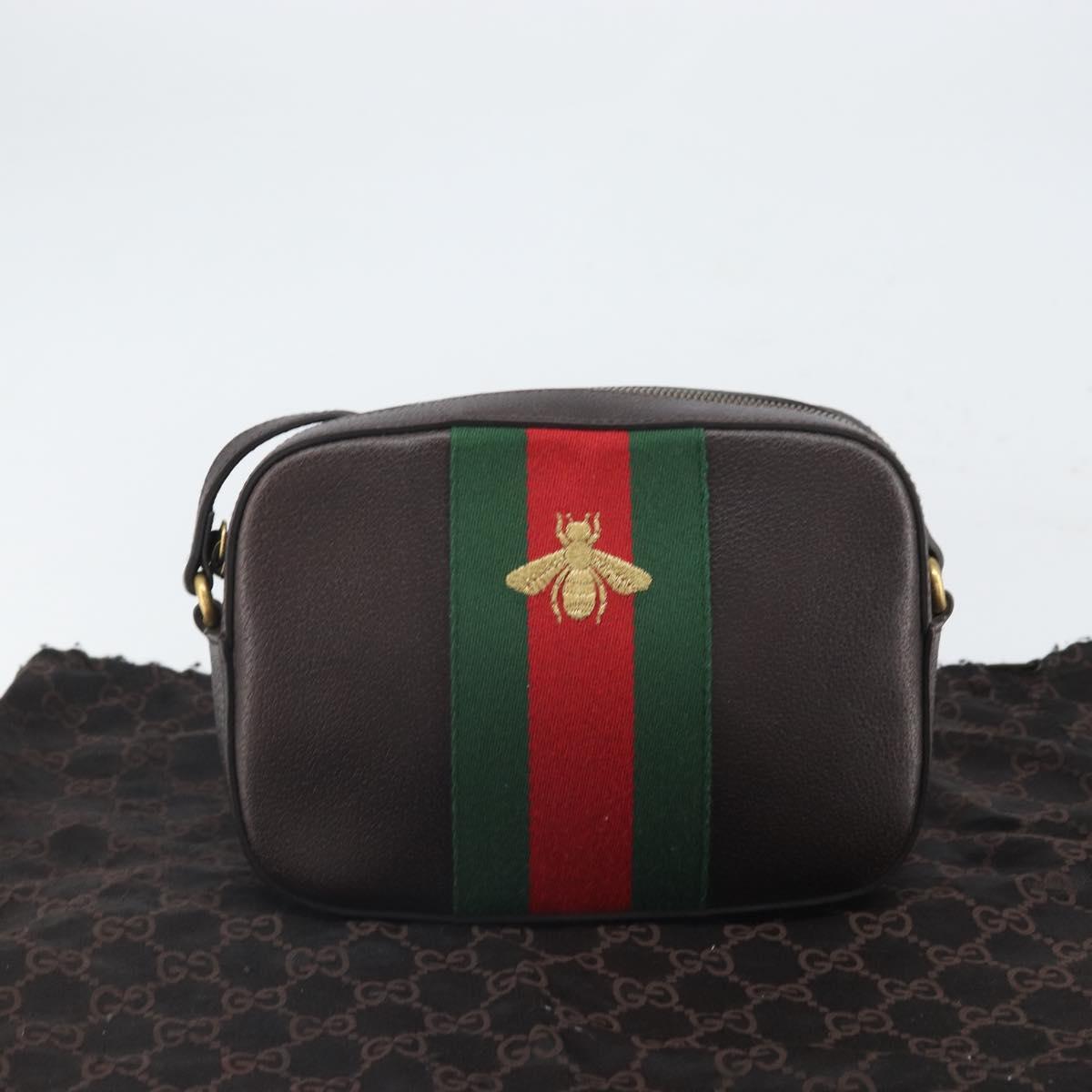 GUCCI Web Sherry Line Bee Bag Leather Dark Brown Gold Red 412008 Auth ka1667V