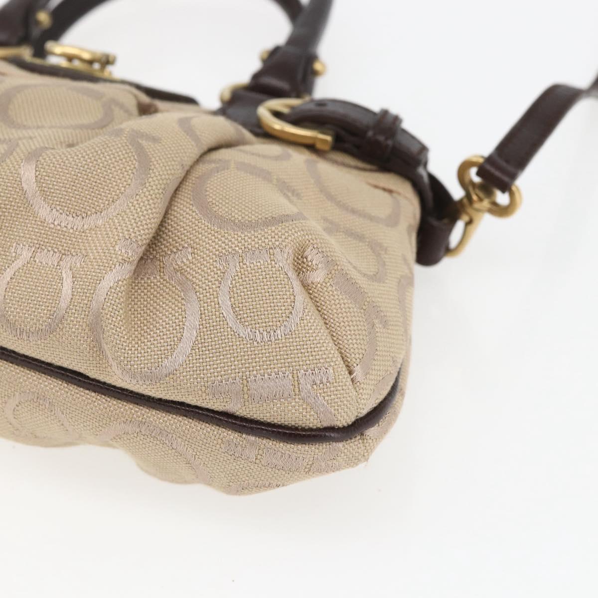 Salvatore Ferragamo Gancini Hand Bag Leather Canvas 2way Beige Gold Auth ka1671
