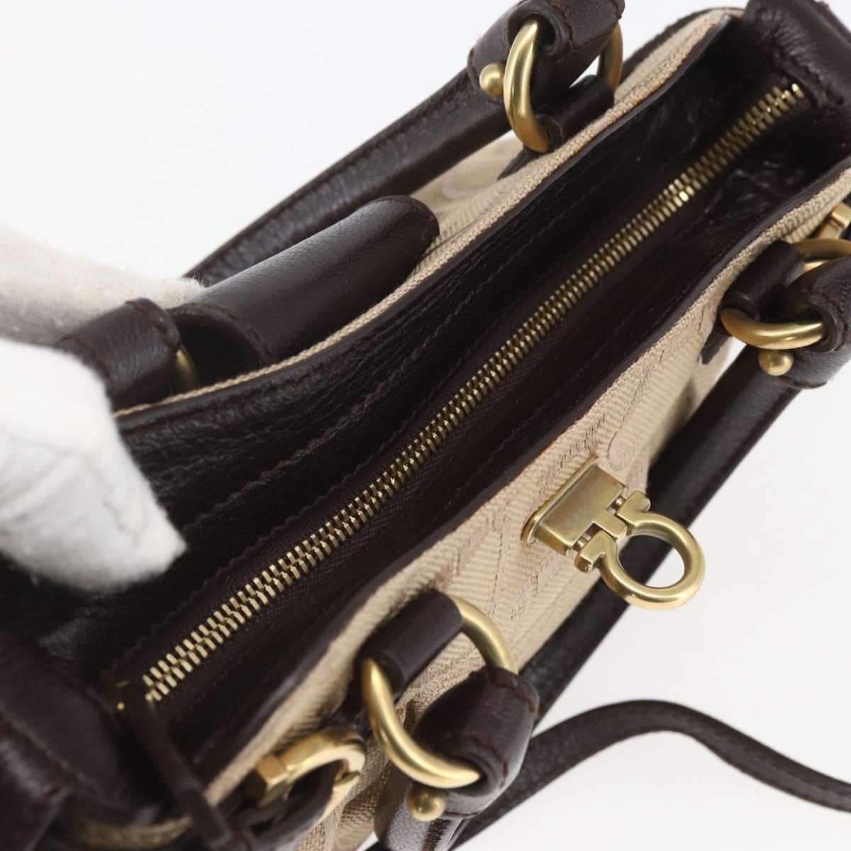 Salvatore Ferragamo Gancini Hand Bag Leather Canvas 2way Beige Gold Auth ka1671