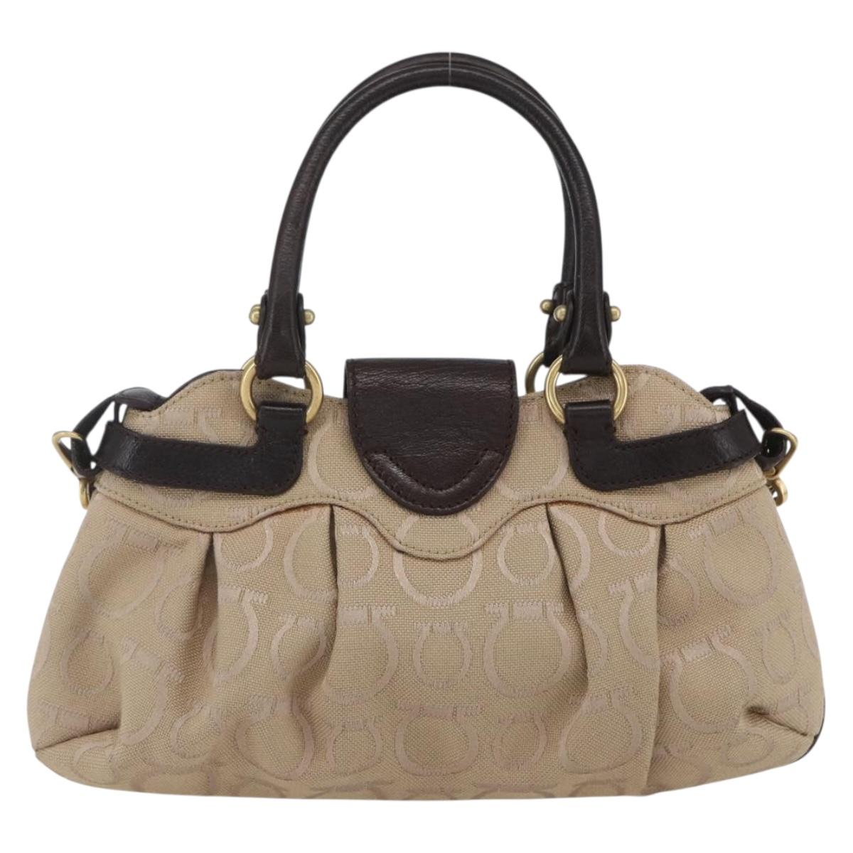 Salvatore Ferragamo Gancini Hand Bag Leather Canvas 2way Beige Gold Auth ka1671