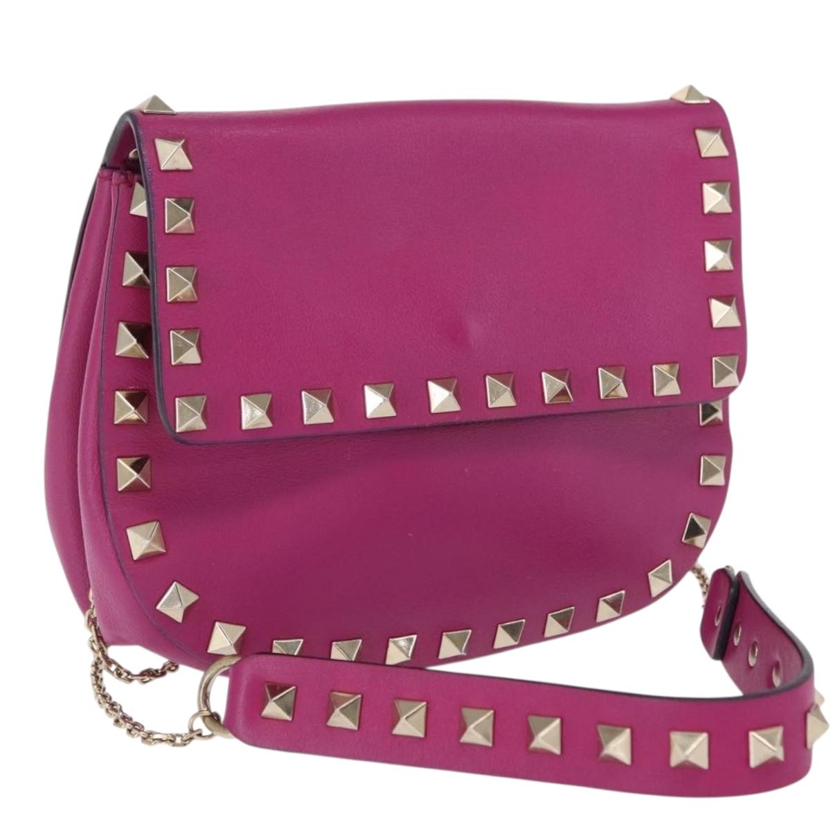 VALENTINO Chain Shoulder Bag Leather Pink Gold Auth ka1685