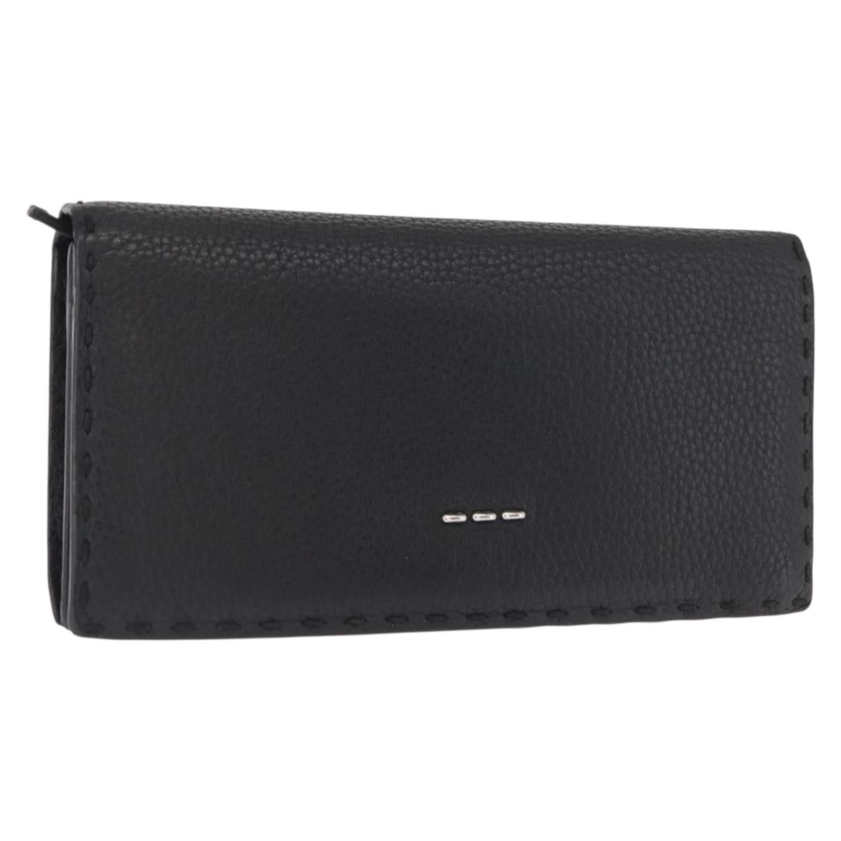 FENDI Celeria Long Wallet Leather Black Silver Auth ka1726