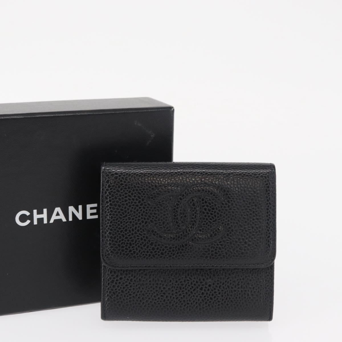CHANEL COCO Mark Wallet Caviar Skin Black Gold CC Auth ka1729V