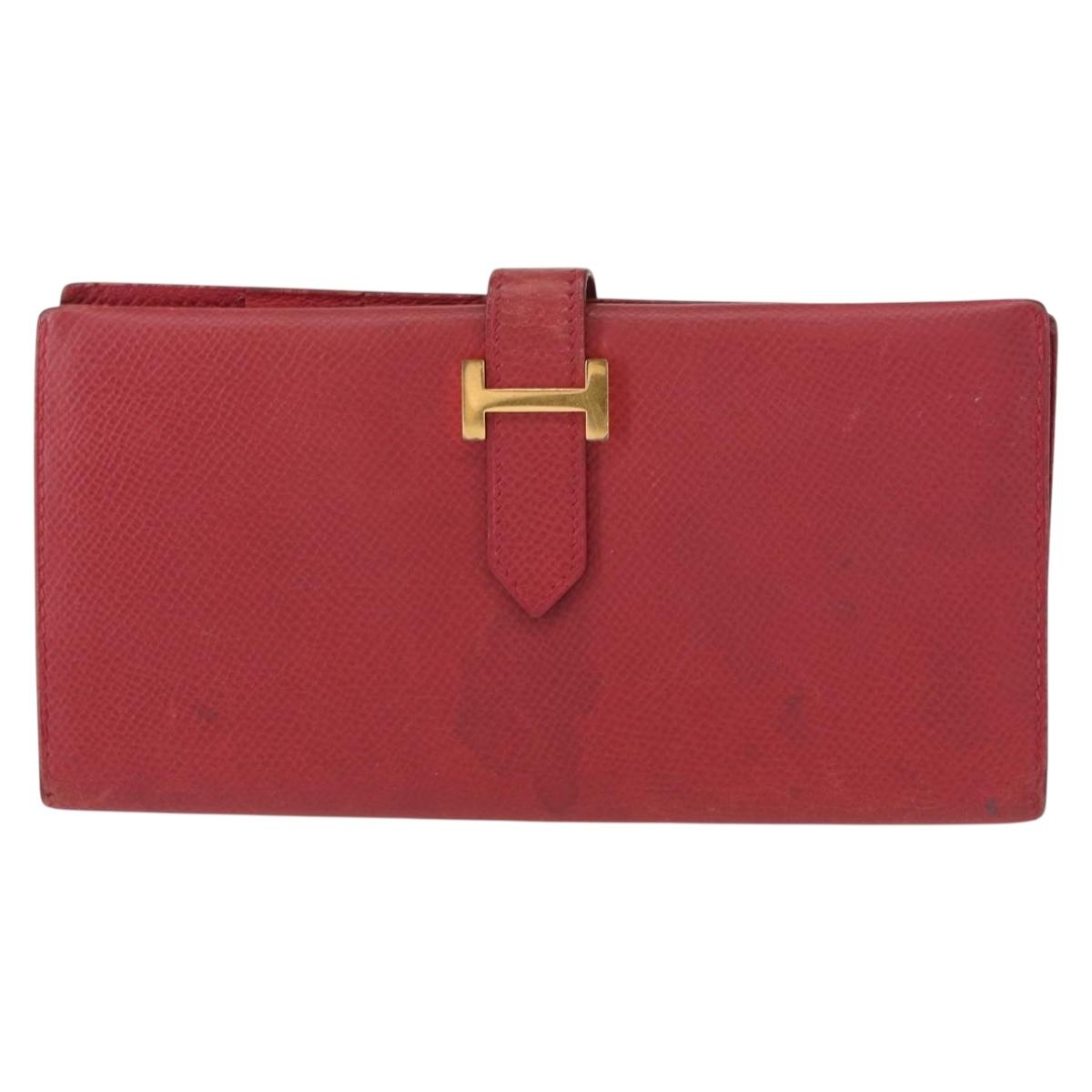 HERMES Bean Wallet Leather Red Auth ka175