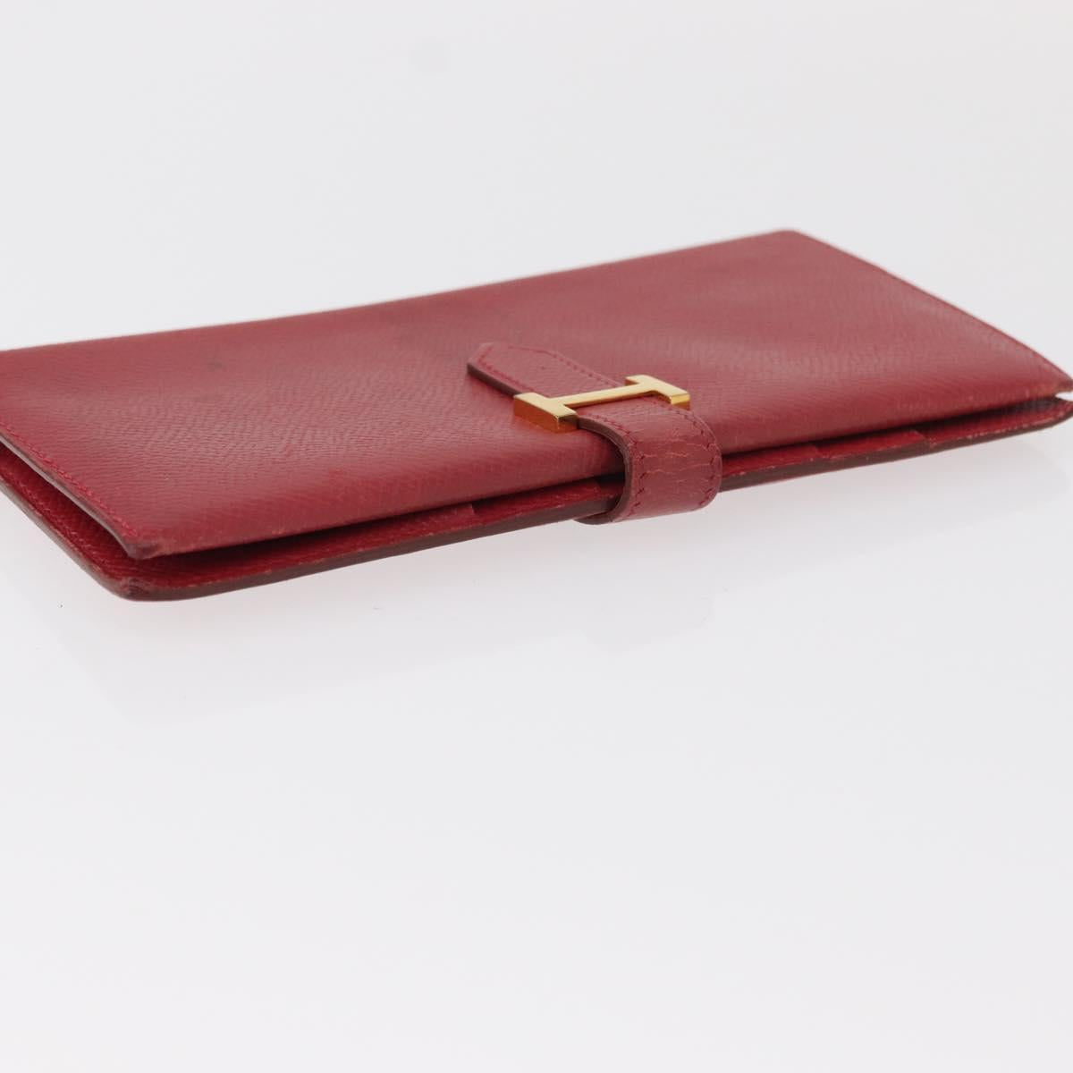 HERMES Bean Wallet Leather Red Auth ka175