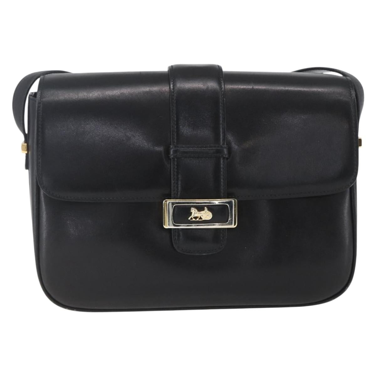 CELINE Horse Carriage Shoulder Bag Leather Black Gold Auth ka1751