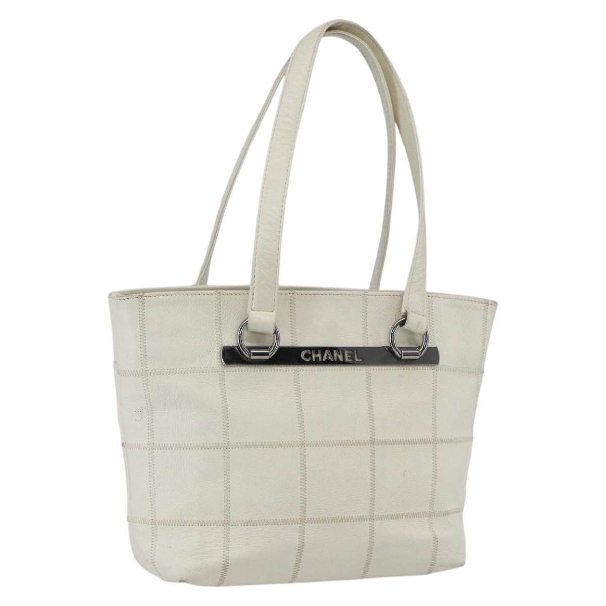 CHANEL Choco Bar Tote Bag Leather White Silver CC Auth ka1815