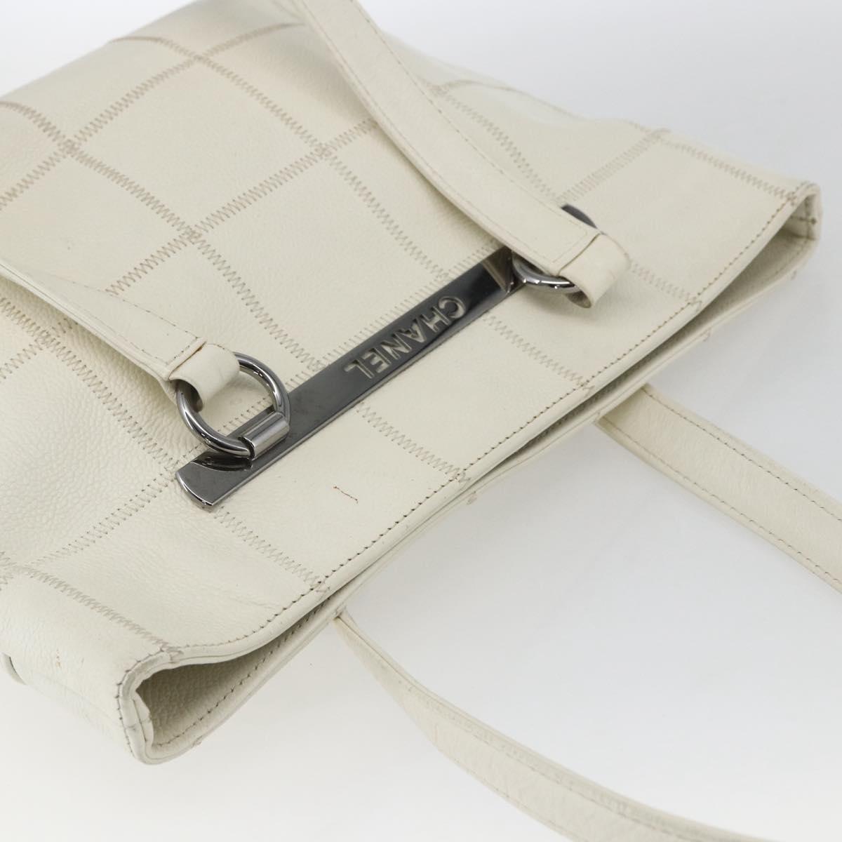 CHANEL Choco Bar Tote Bag Leather White Silver CC Auth ka1815