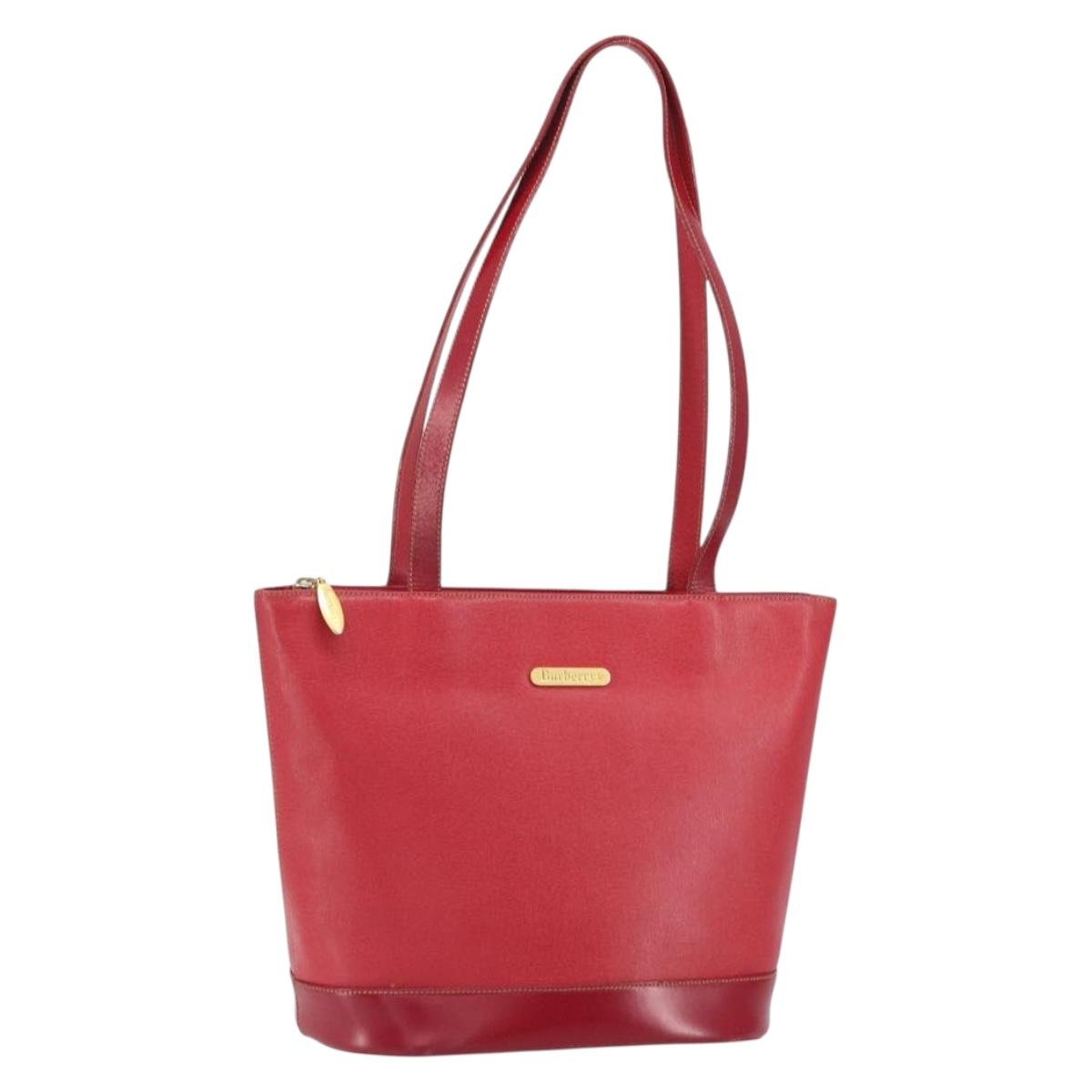 Burberrys Tote Bag Leather Red Gold Auth ka1838