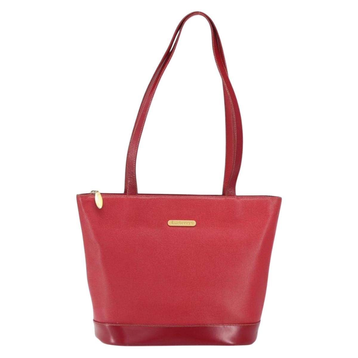 Burberrys Tote Bag Leather Red Gold Auth ka1838