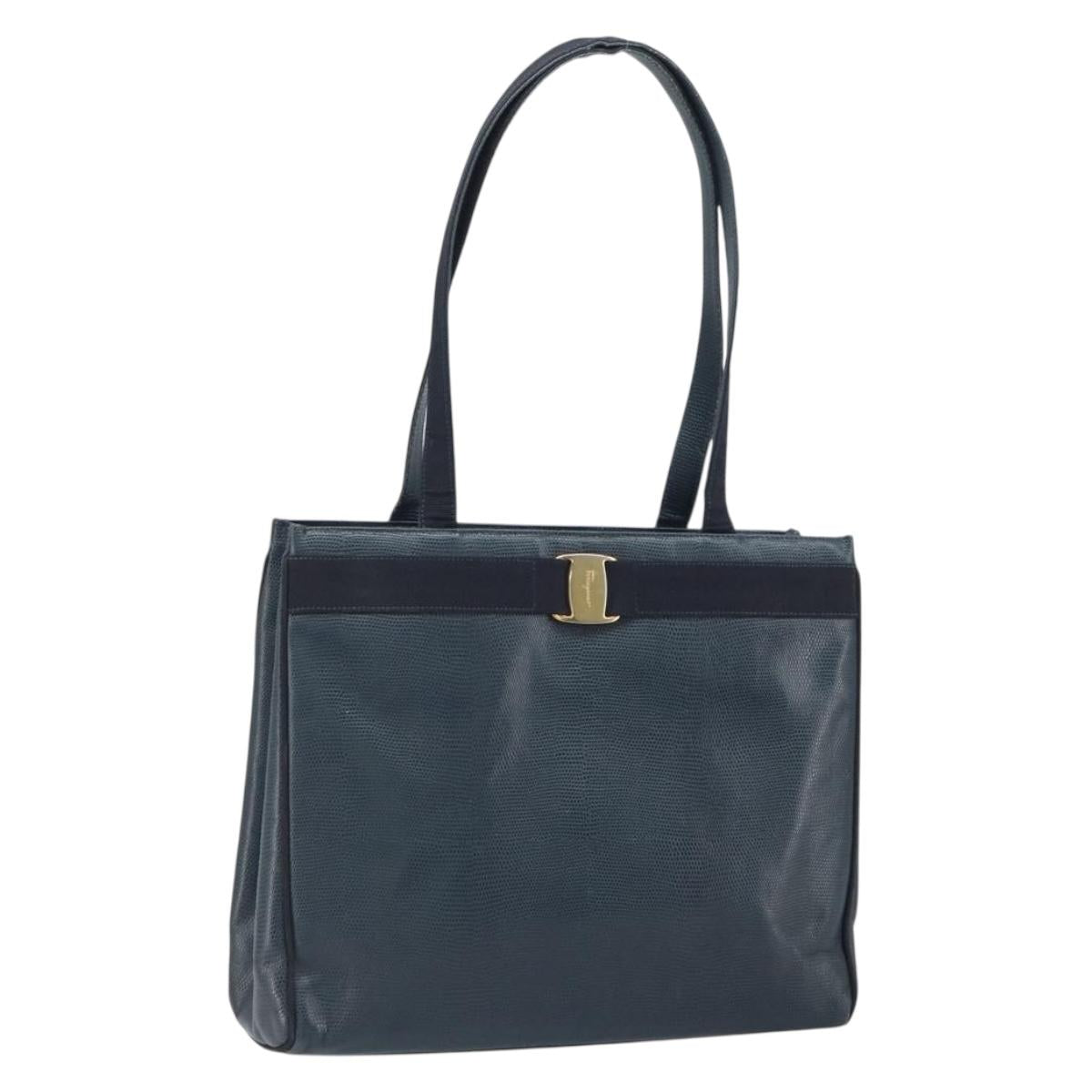 Salvatore Ferragamo Vala Tote Bag Leather Blue Gold Auth ka1850