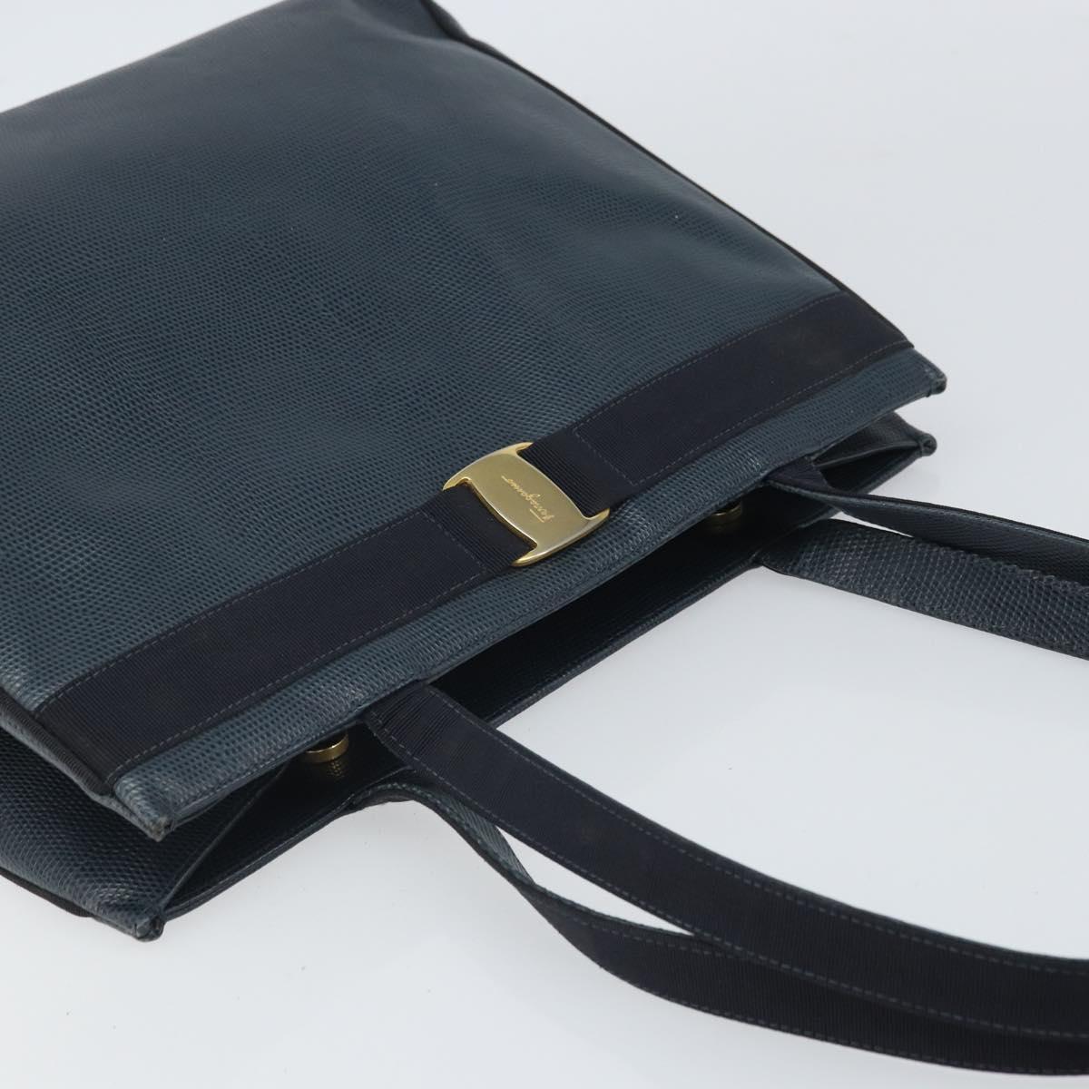 Salvatore Ferragamo Vala Tote Bag Leather Blue Gold Auth ka1850