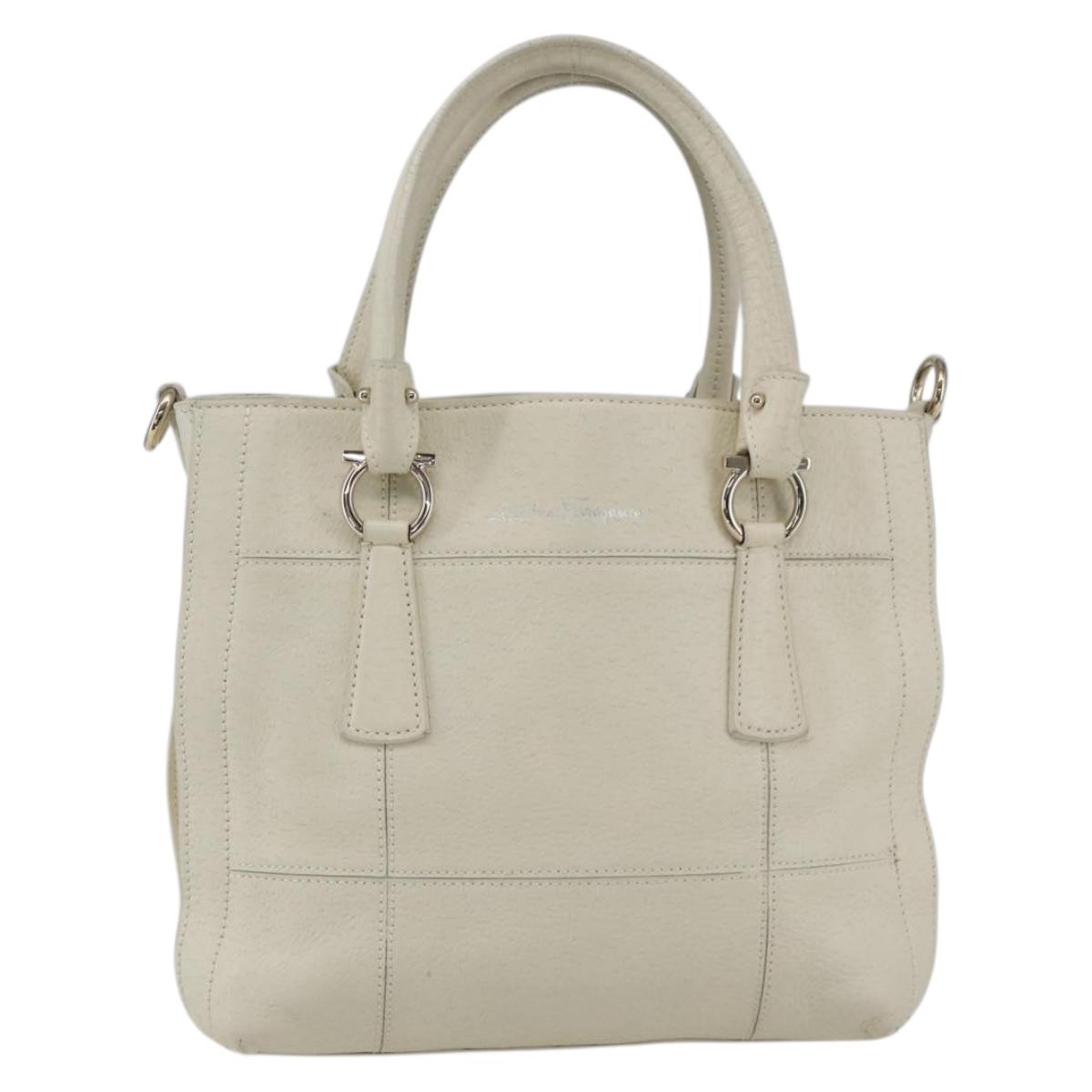 Salvatore Ferragamo Hand Bag Leather White Gold Auth ka1856