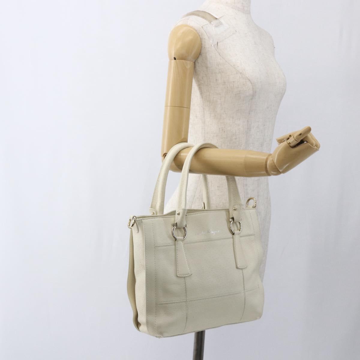 Salvatore Ferragamo Hand Bag Leather White Gold Auth ka1856
