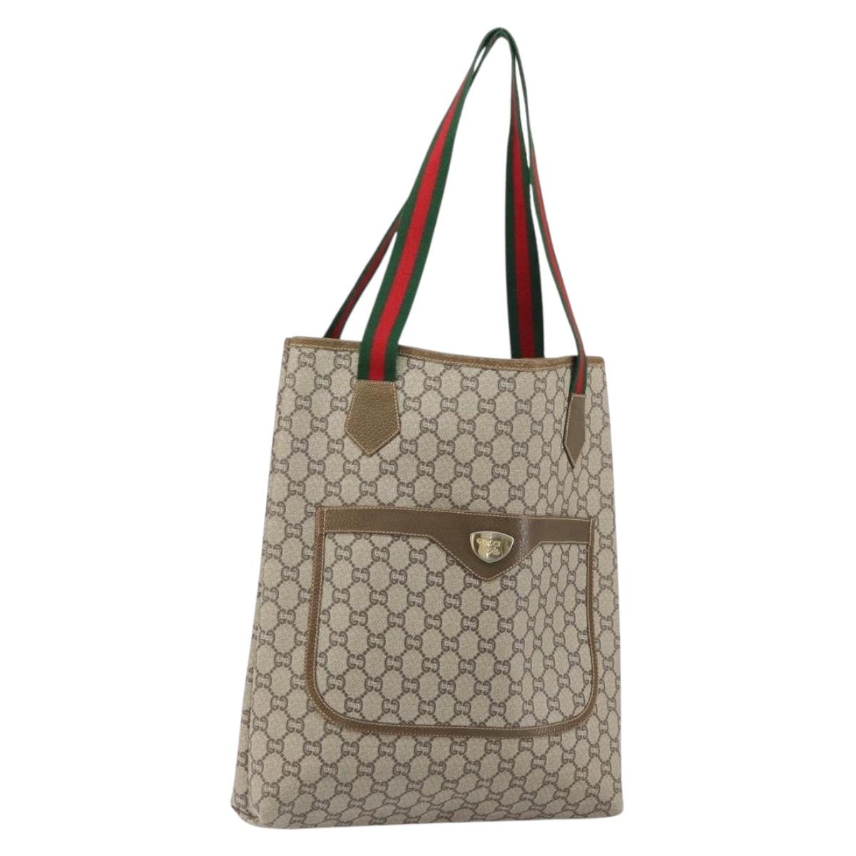 GUCCI GG Plus Supreme Web Sherry Line Tote Bag PVC Beige Gold Auth ka1861