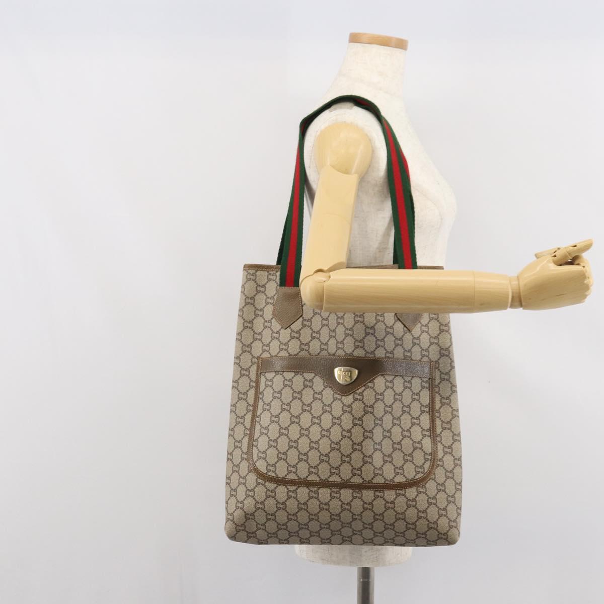 GUCCI GG Plus Supreme Web Sherry Line Tote Bag PVC Beige Gold Auth ka1861
