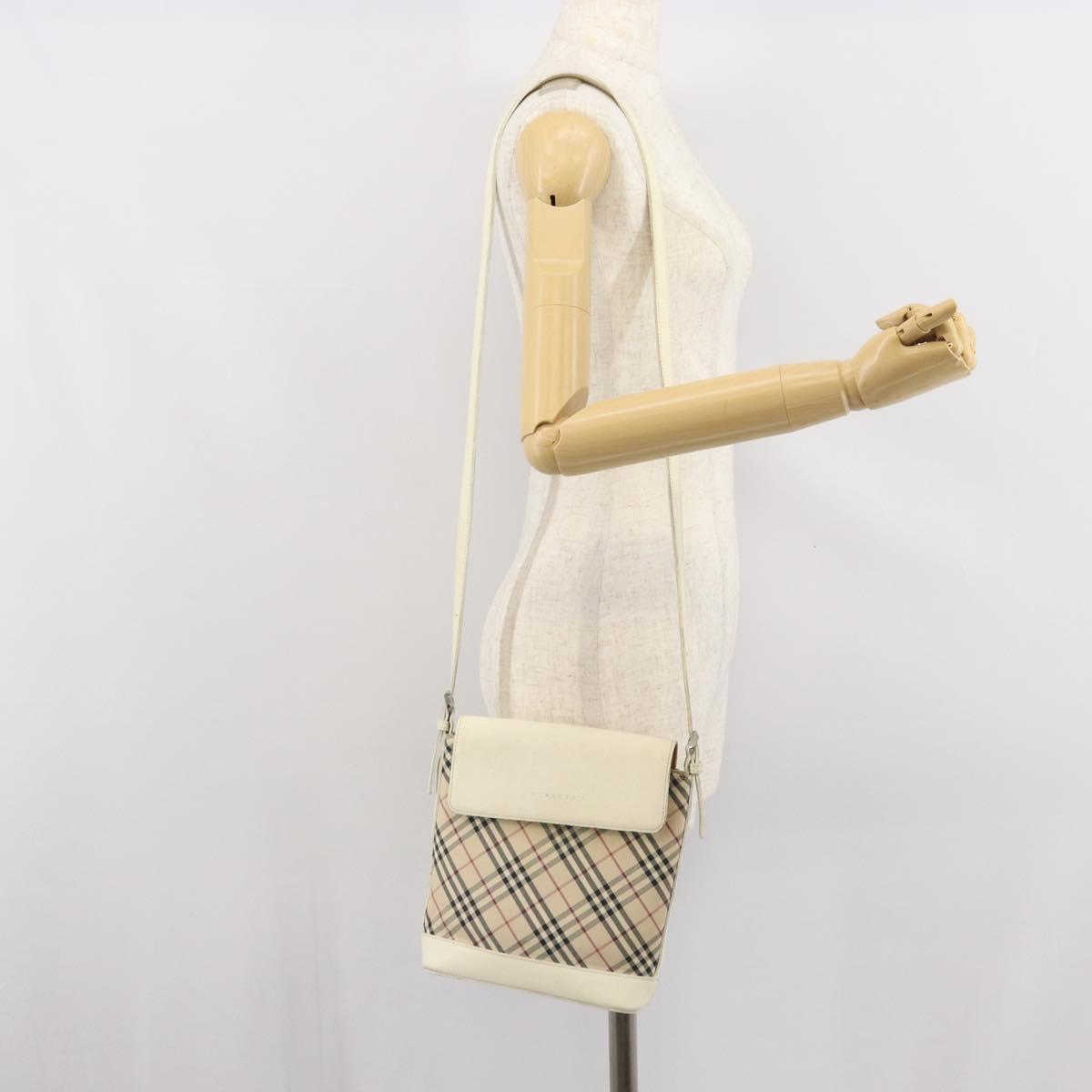 BURBERRY Nova Check Shoulder Bag Canvas Leather Beige Silver Auth ka1870