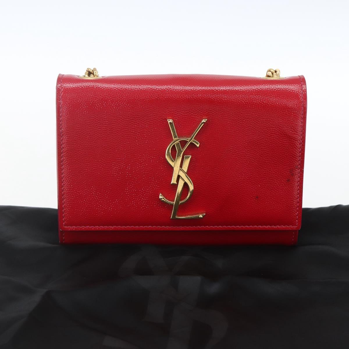 SAINT LAURENT Chain Shoulder Bag Leather Red Gold Auth ka1910V