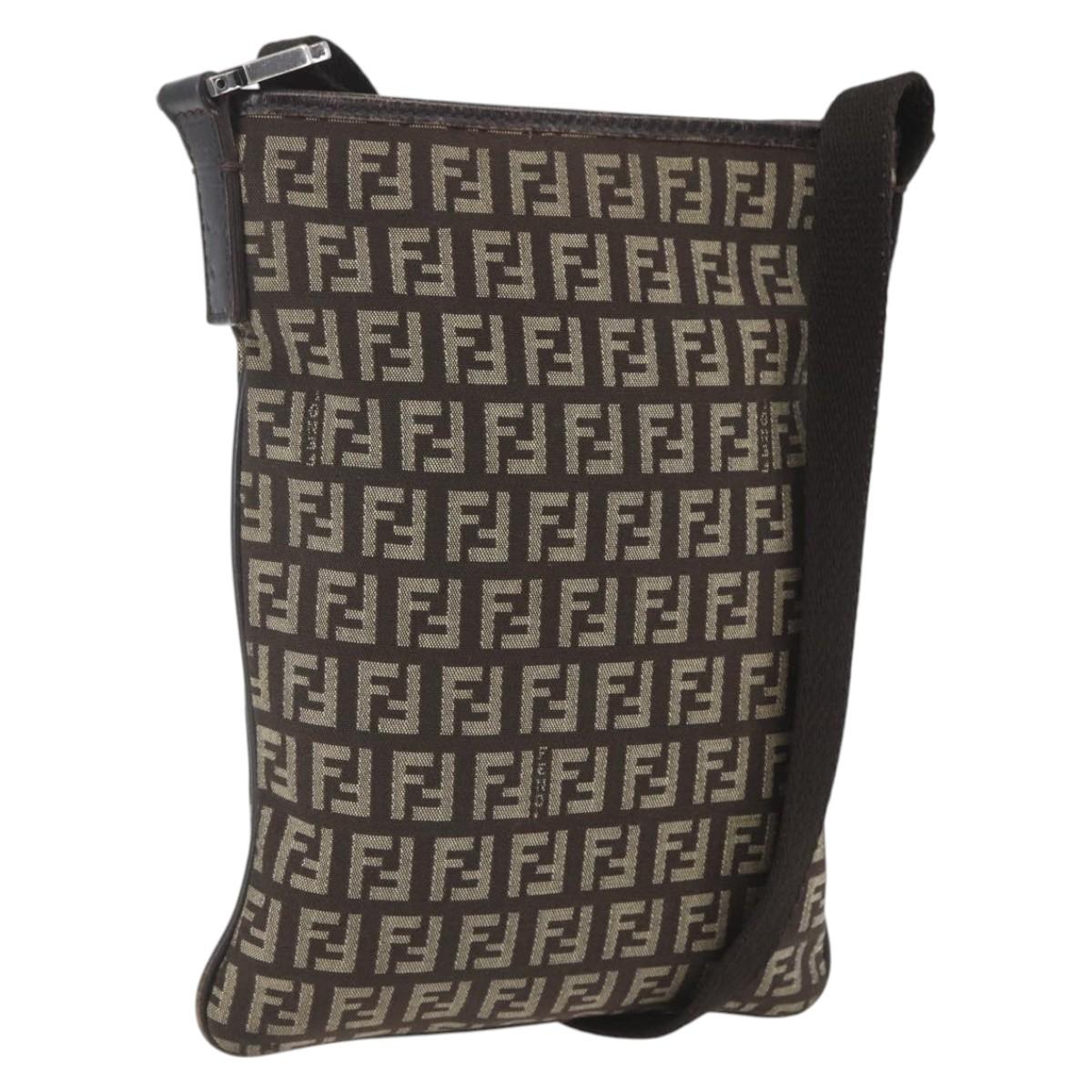 FENDI Zucchino Canvas Shoulder Bag Brown Silver Auth ka1960