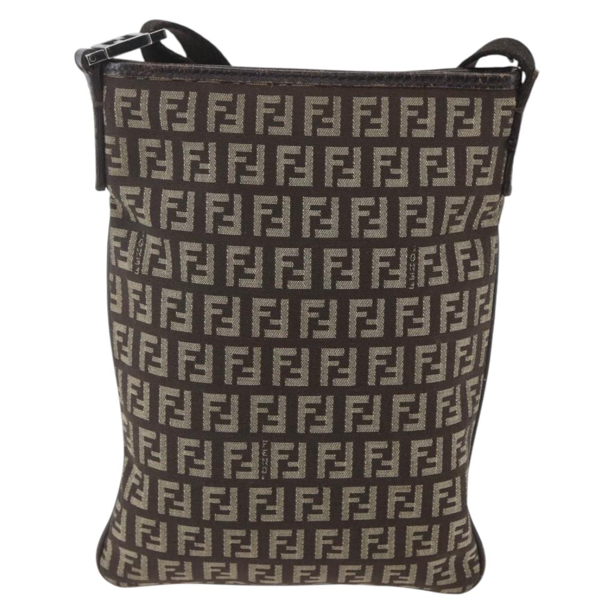 FENDI Zucchino Canvas Shoulder Bag Brown Silver Auth ka1960