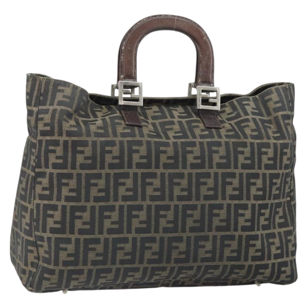FENDI Zucca Canvas Hand Bag Brown Black Silver Auth ka1974