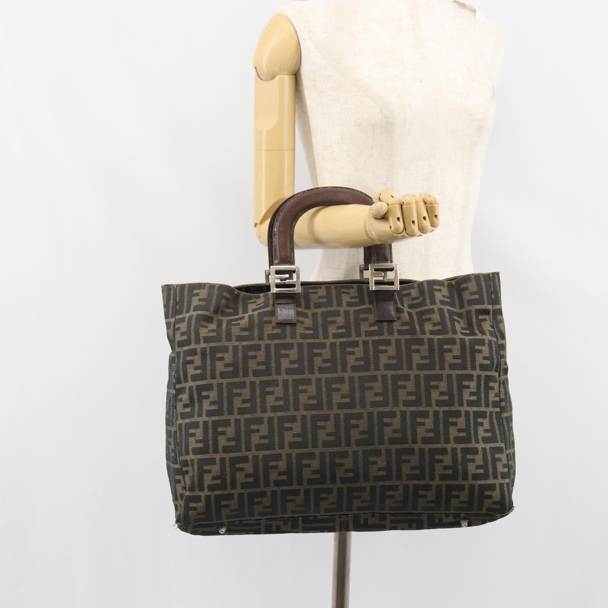 FENDI Zucca Canvas Hand Bag Brown Black Silver Auth ka1974