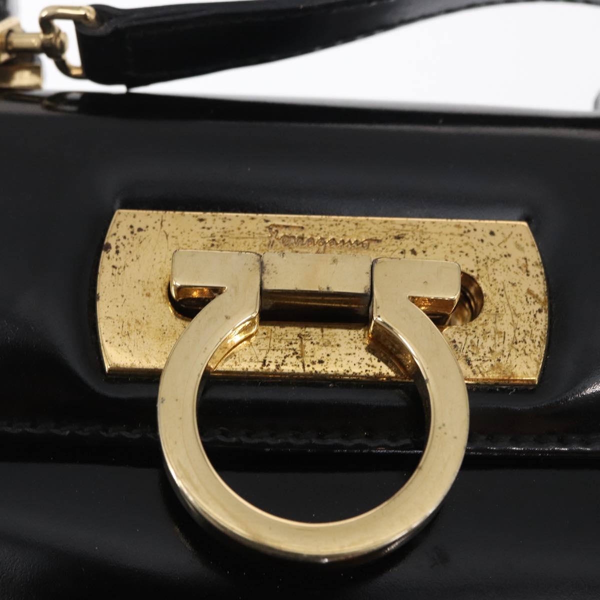 Salvatore Ferragamo Gancini Hand Bag Patent leather 2way Black Gold Auth ka1994
