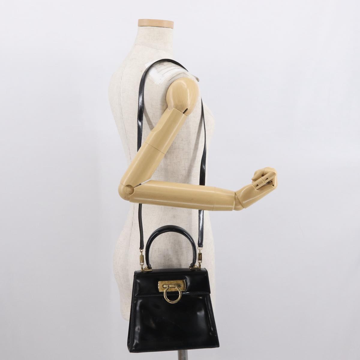Salvatore Ferragamo Gancini Hand Bag Patent leather 2way Black Gold Auth ka1994