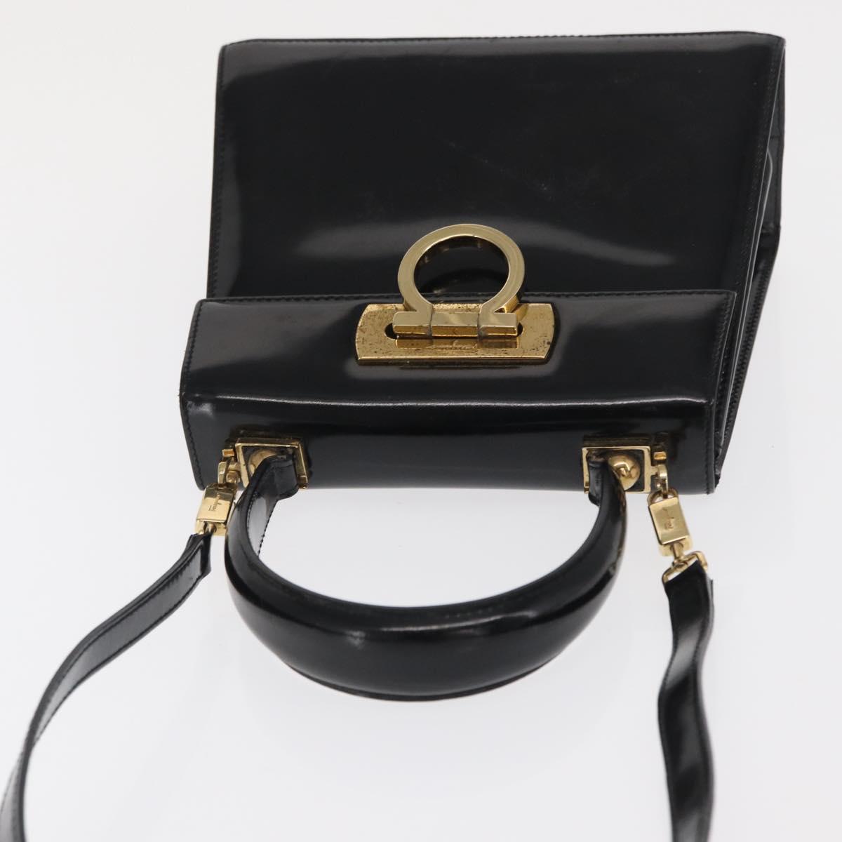 Salvatore Ferragamo Gancini Hand Bag Patent leather 2way Black Gold Auth ka1994