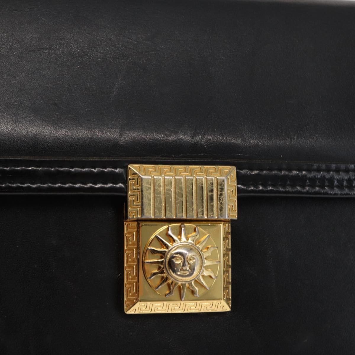 VERSACE Hand Bag Leather Black Gold Auth ka1996