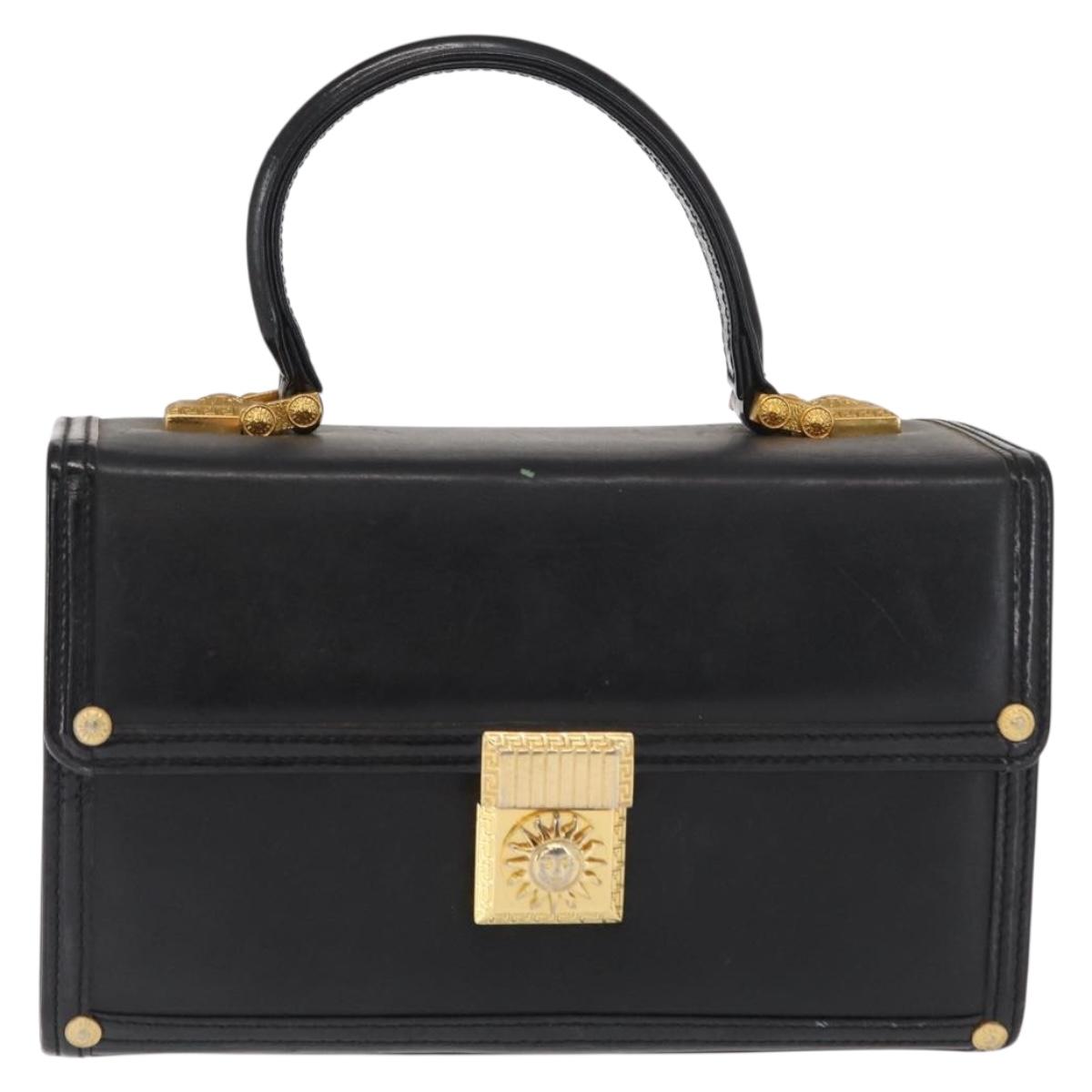 VERSACE Hand Bag Leather Black Gold Auth ka1996