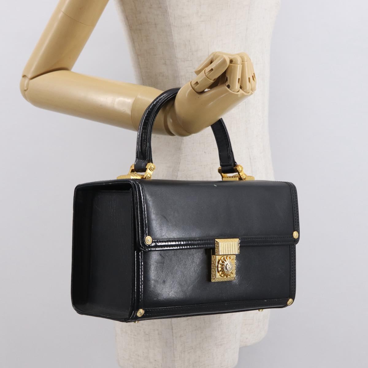 VERSACE Hand Bag Leather Black Gold Auth ka1996
