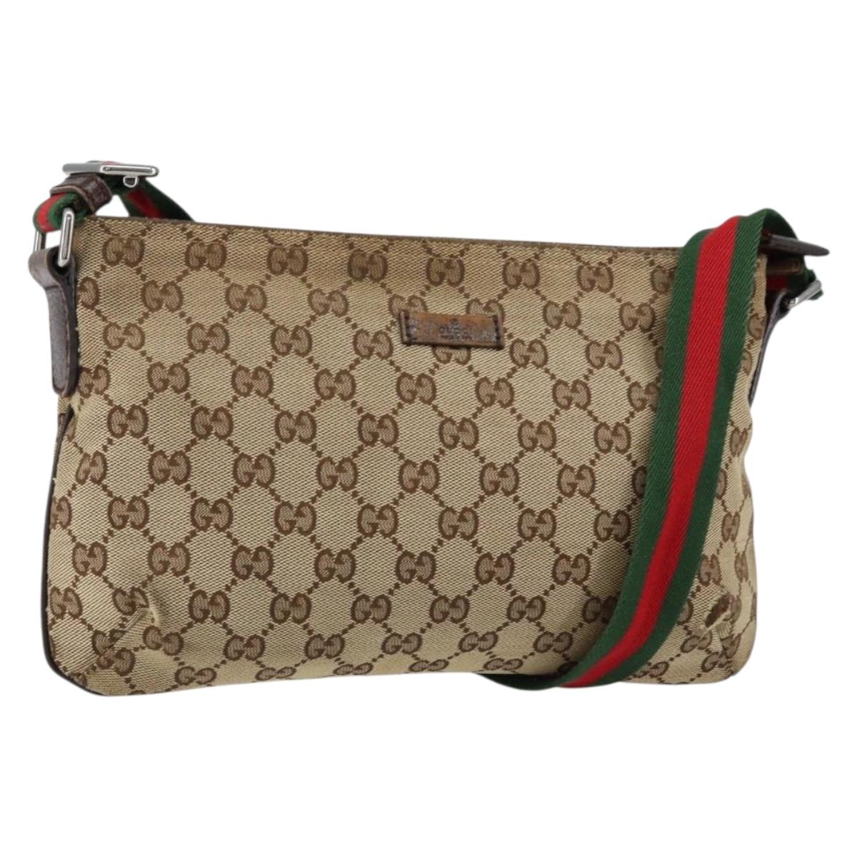 GUCCI GG Canvas Sherry Line Shoulder Bag Beige Silver 189749 Auth ka202