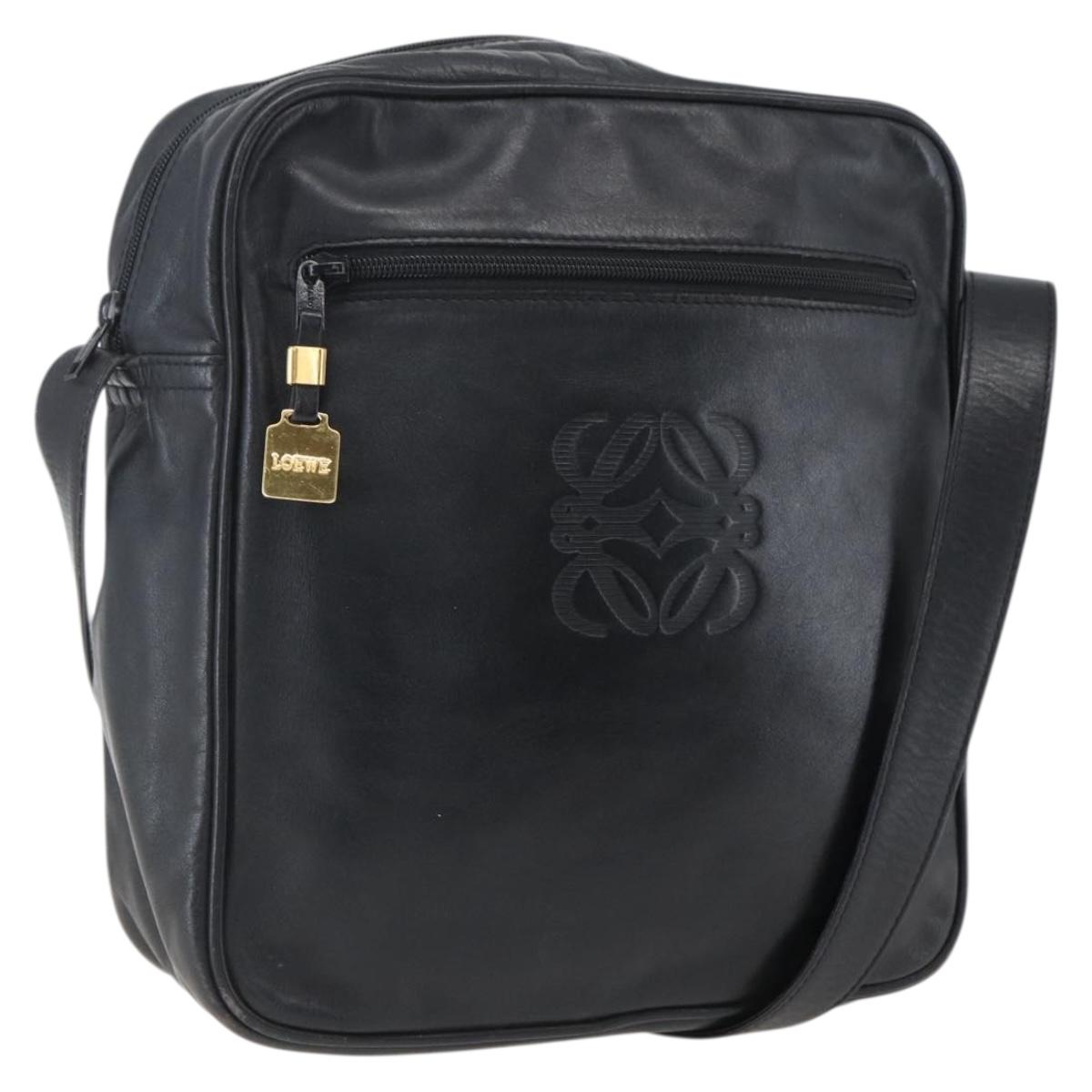 LOEWE Anagram Shoulder Bag Leather Black Gold Auth ka2028